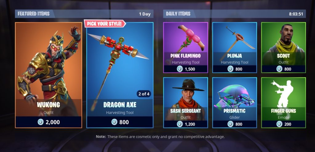 Screenshot from the Fortnite shop with various items sold between 200 and 2000 V-Bucks. Some are featured items, others are daily items, rotating every 24 hours - Copyright: Epic Games