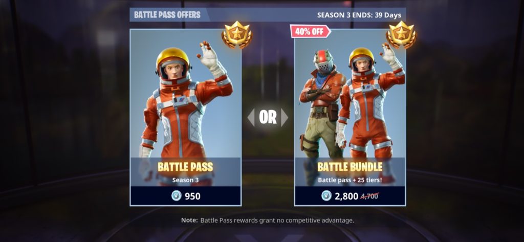 Fortnite Premium Battle pass purchase screen. Standard Battle Pass for Season 3 costs 950 V-Bucks while the Battle Bundle which comes with 25 tiers is discounted at 2800 V-Bucks - Copyright: Epic Games